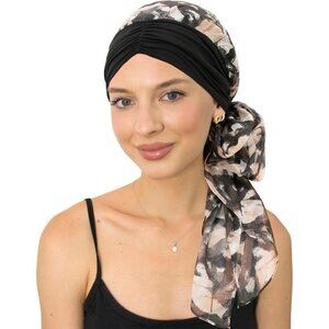 Women’s Black Beige Scarf Skull Cap Chemo Headwear Hair Loss Turban